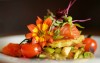 Food Photography: Norbert Millauer / Hausgebeizte Lachsforelle, konfierte Tonaten und Kartoffelrösti mit Salat vom grünen Spargel / Lindners Ratskeller Dohna 